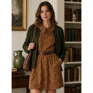 Code X Mode Floral Shift Dress Womens M Mustard Yellow Peter Pan Collar Boho